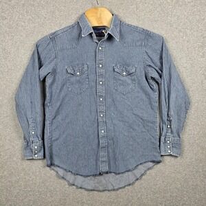 Vtg Wrangler Shirt Mens 17-35 Large Blue Stripe Western Snap Front X-Long Tails